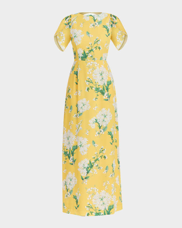 Katherine Pleated Cutout Floral-Print Gown